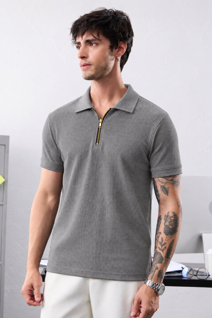 Grey Zipper Polo - Waffle
