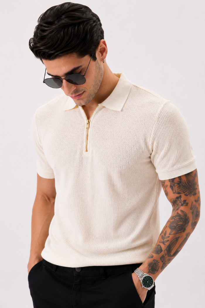 Off White Zipper Polo - Waffle