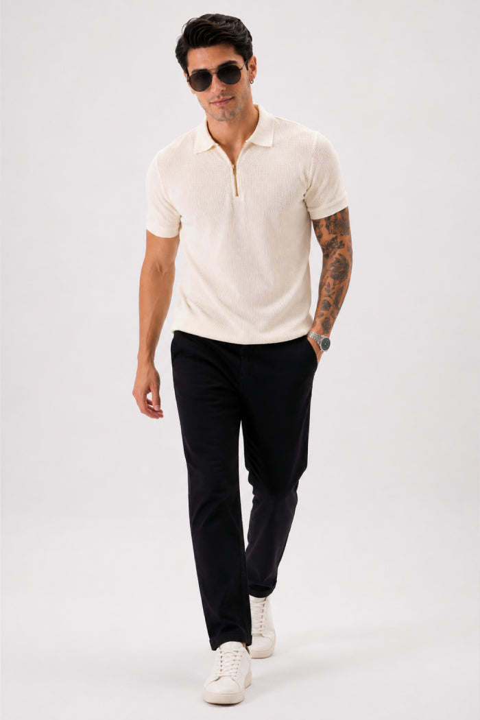 Off White Zipper Polo - Waffle