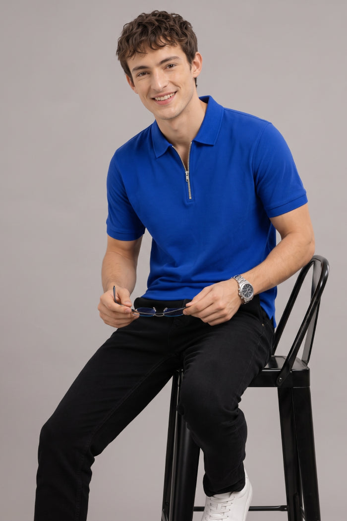 Royal Blue Zipper Polo – Sporty Matty