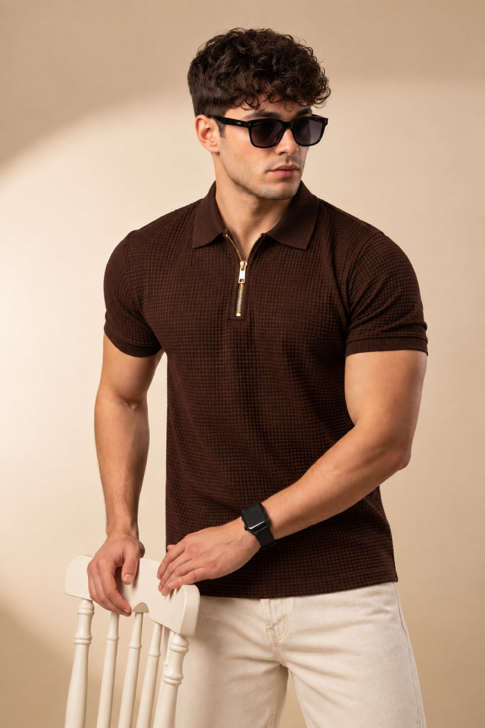Rust Brown Zipper Polo - Waffle