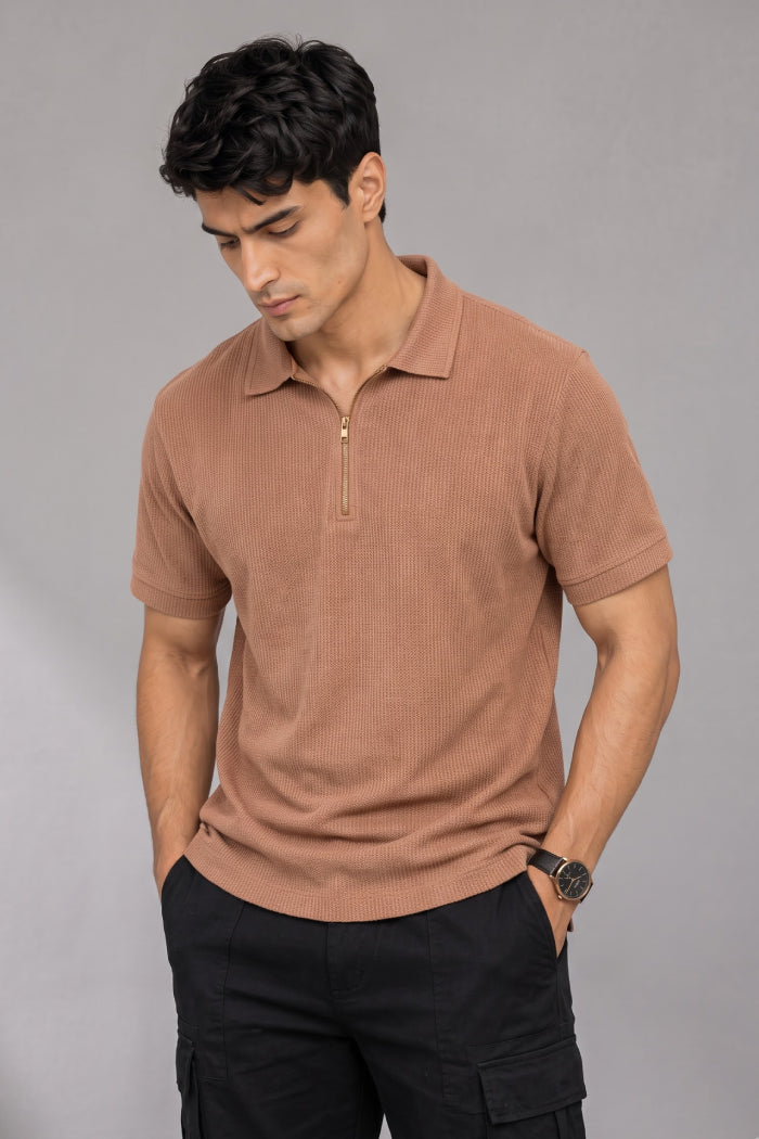 Rust Brown Zipper Polo - Waffle