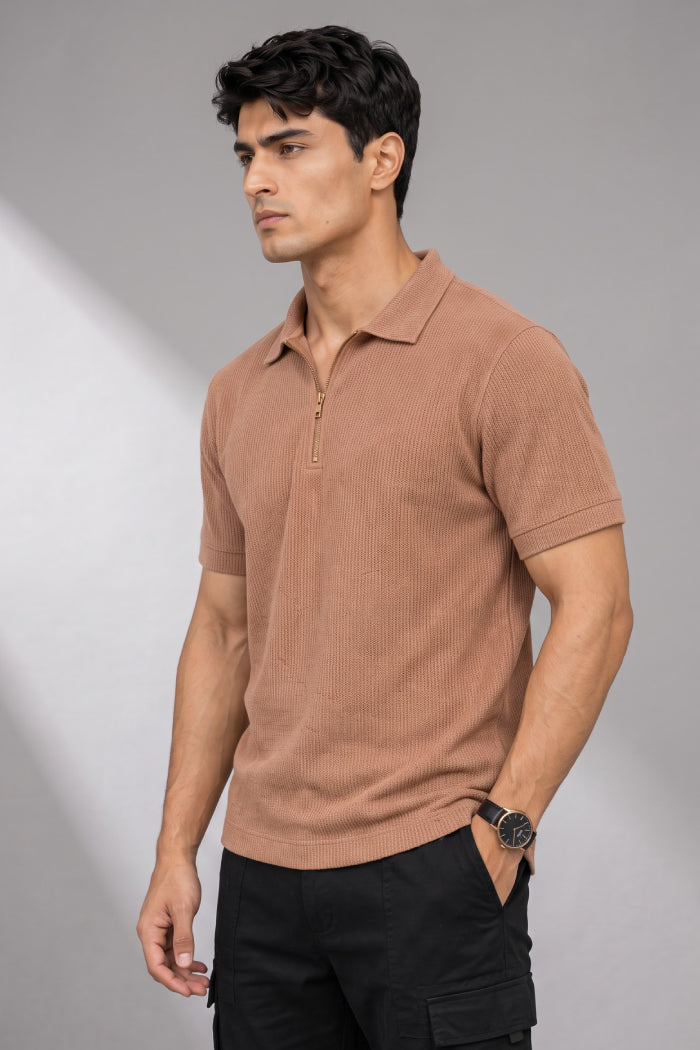 Rust Brown Zipper Polo - Waffle