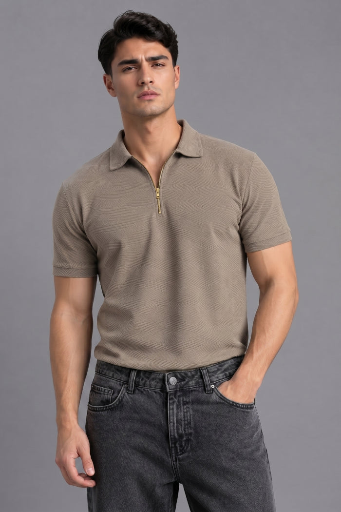 Brown Zipper Polo T-shirt for Men