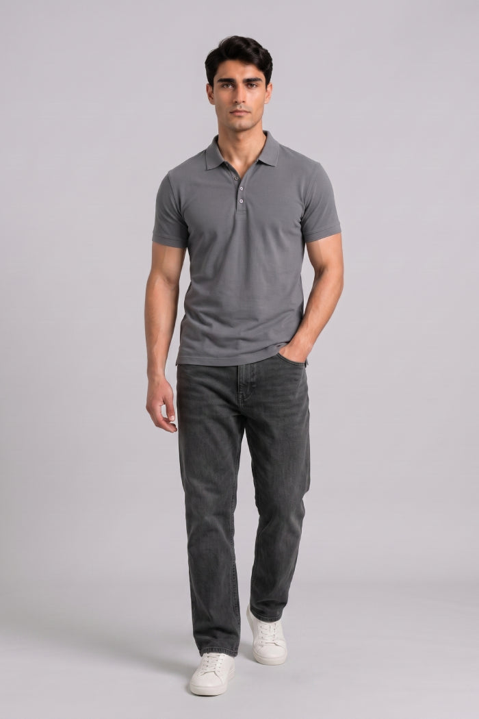 Dark Grey Button Polo – Sporty Matty