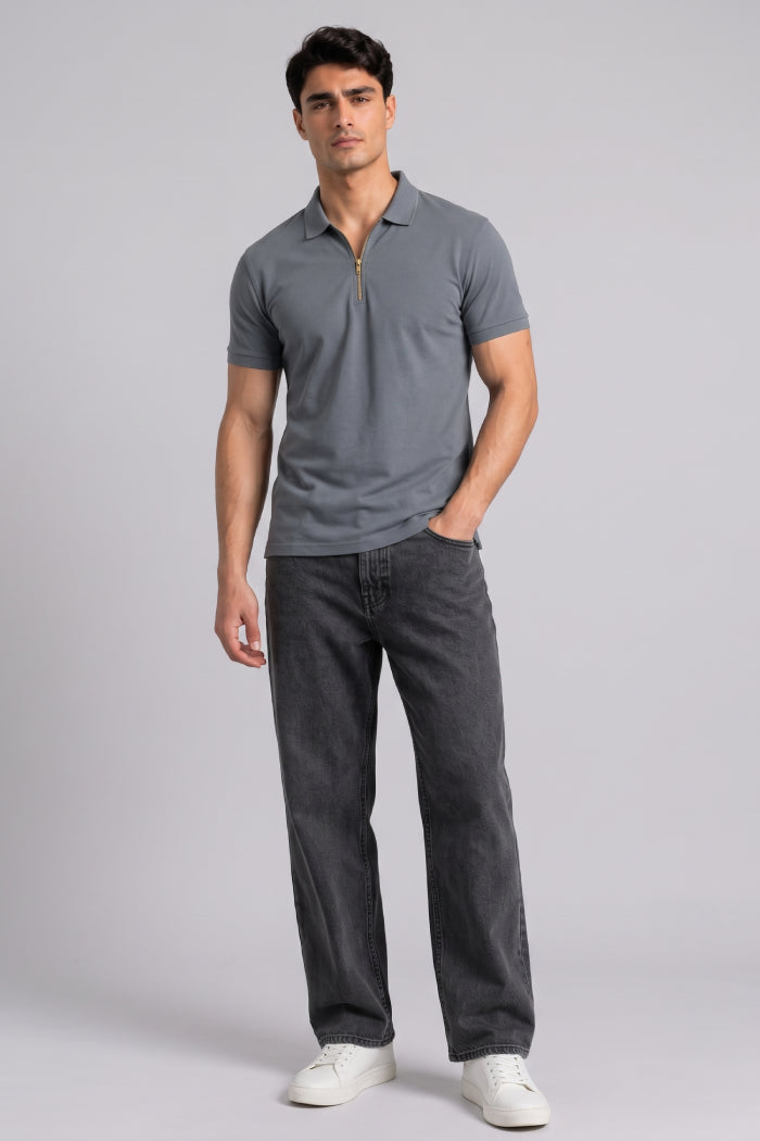 Dark Grey Zipper Polo – Sporty Matty